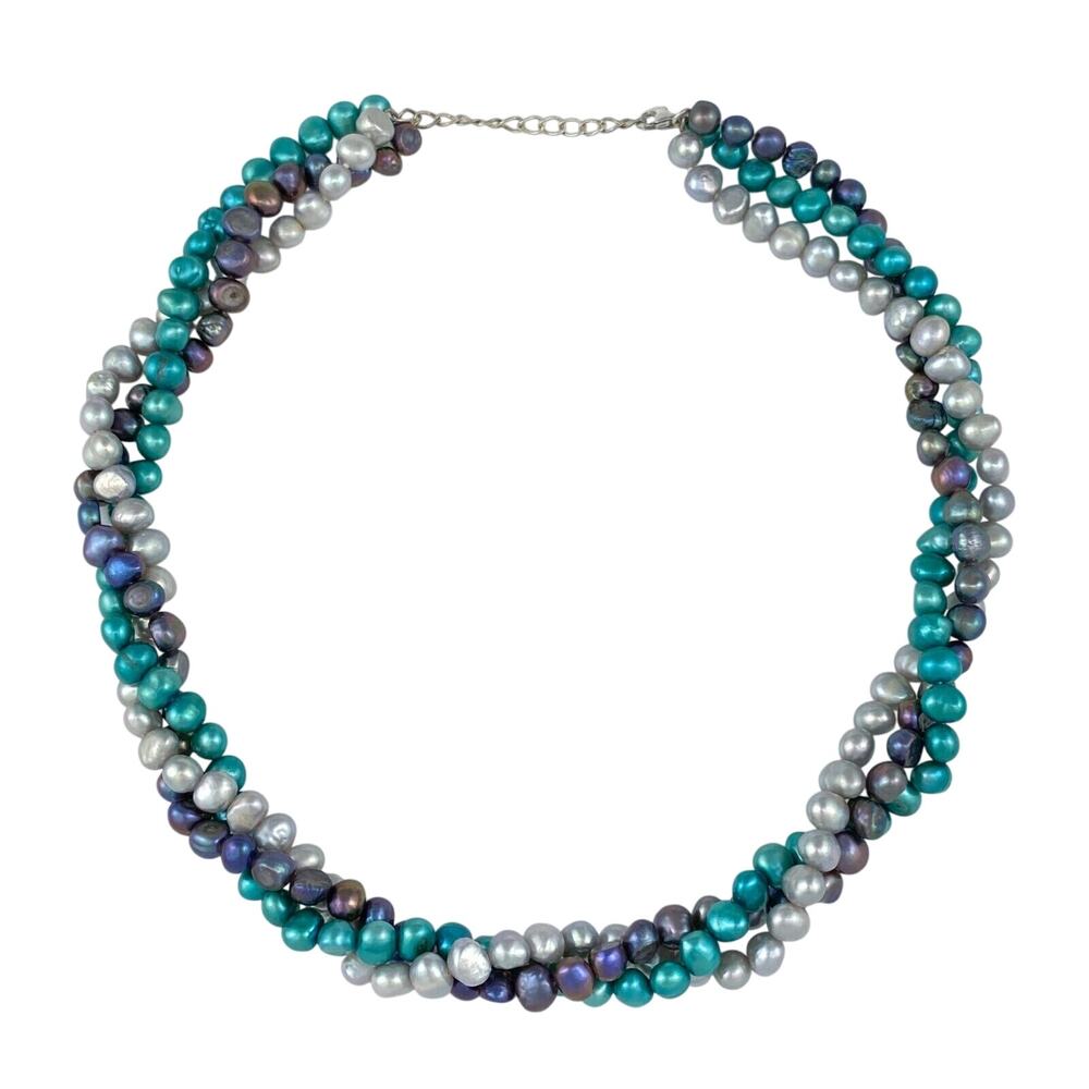 Vintage Sterling Silver 925 Purple Gray Blue Pearl Necklace 17"-18.5"